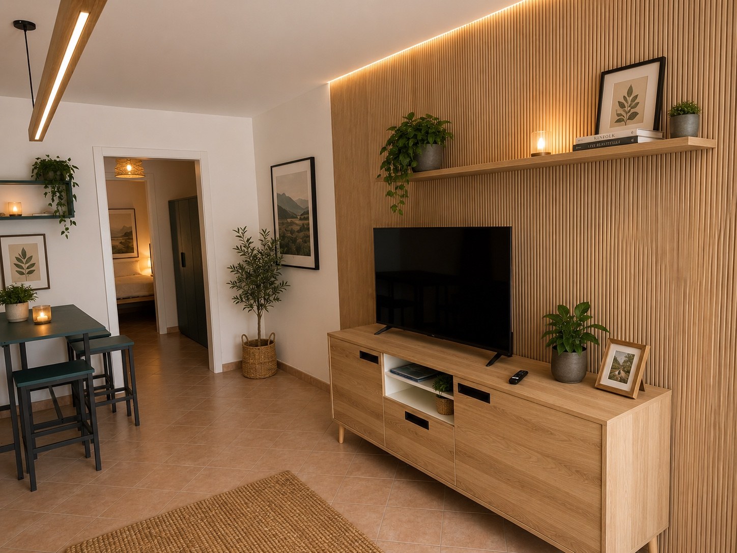 Zona giorno di una casa privata: boiserie in legno e mobile TV su misura