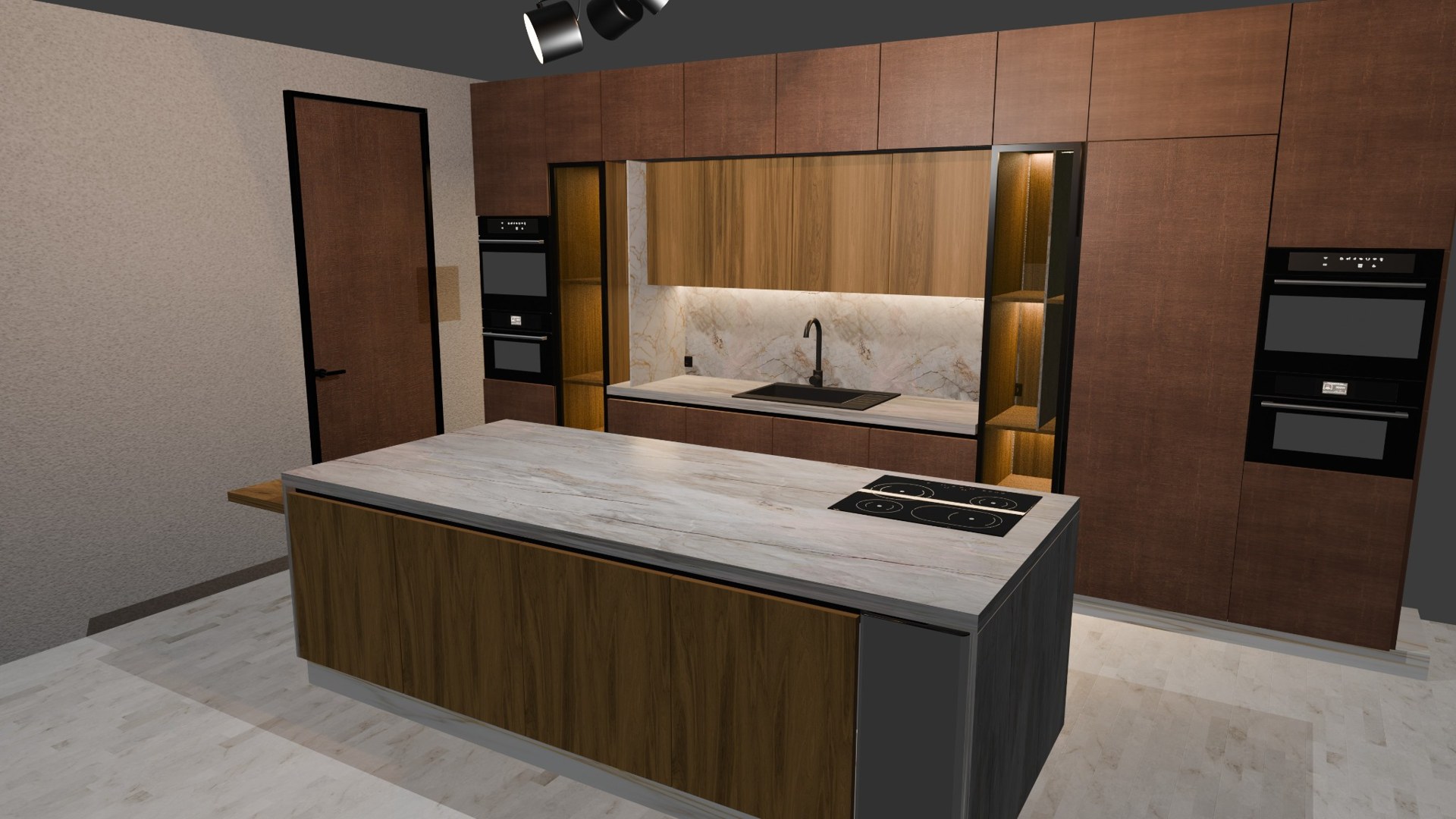 Render 3D di una cucina con isola, finiture in legno e superfici chiare
