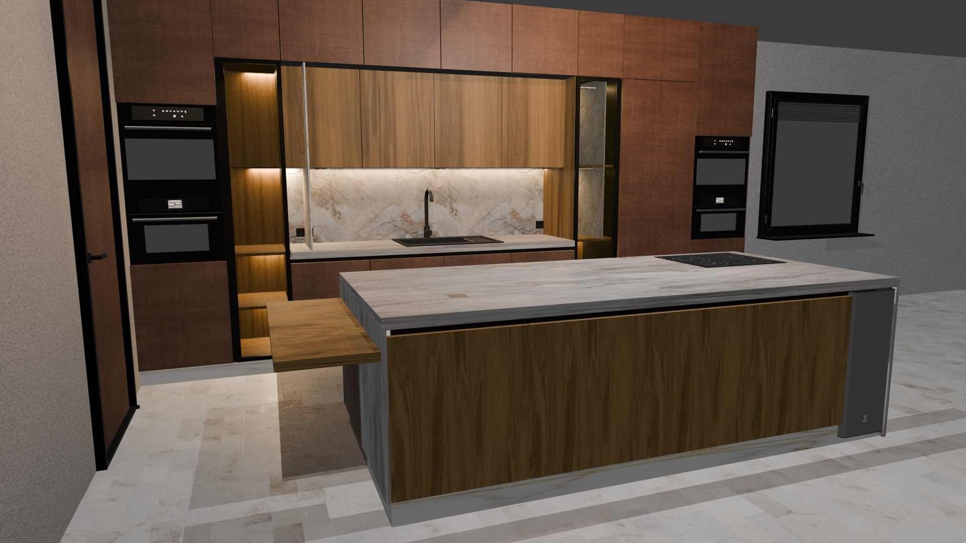 Seconda angolazione del render della stessa cucina su misura