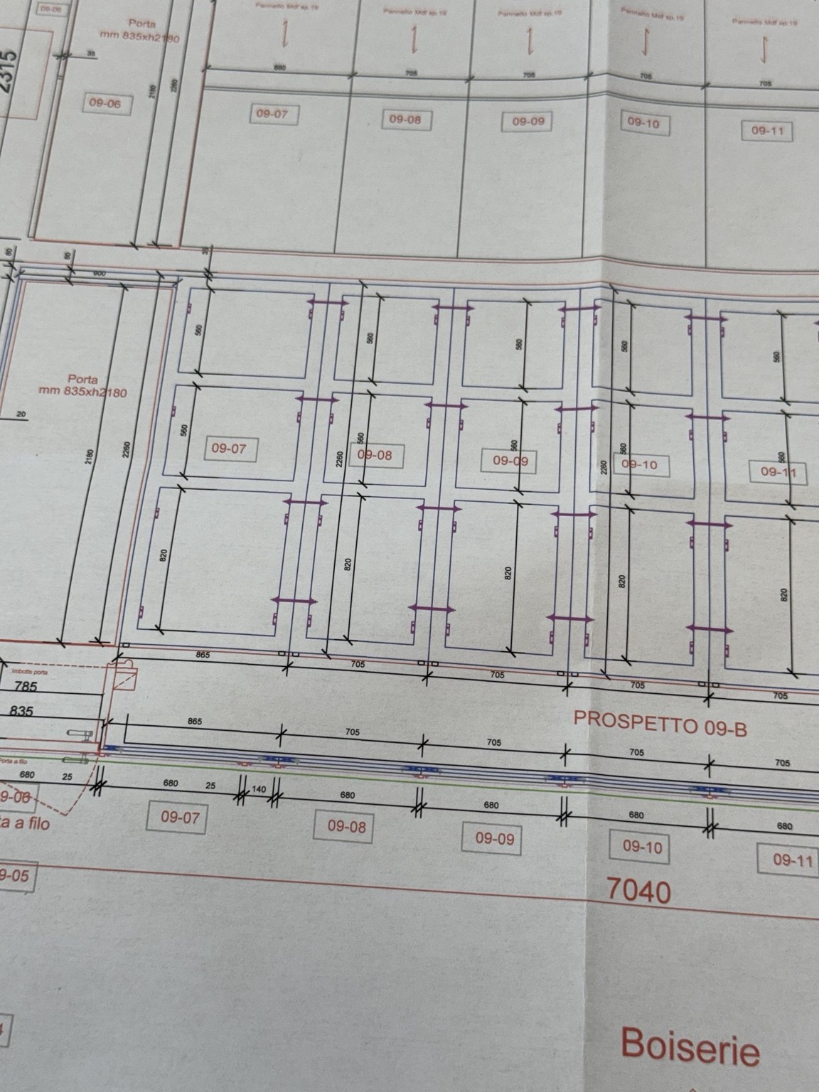 Tavola tecnica di progettazione di una boiserie